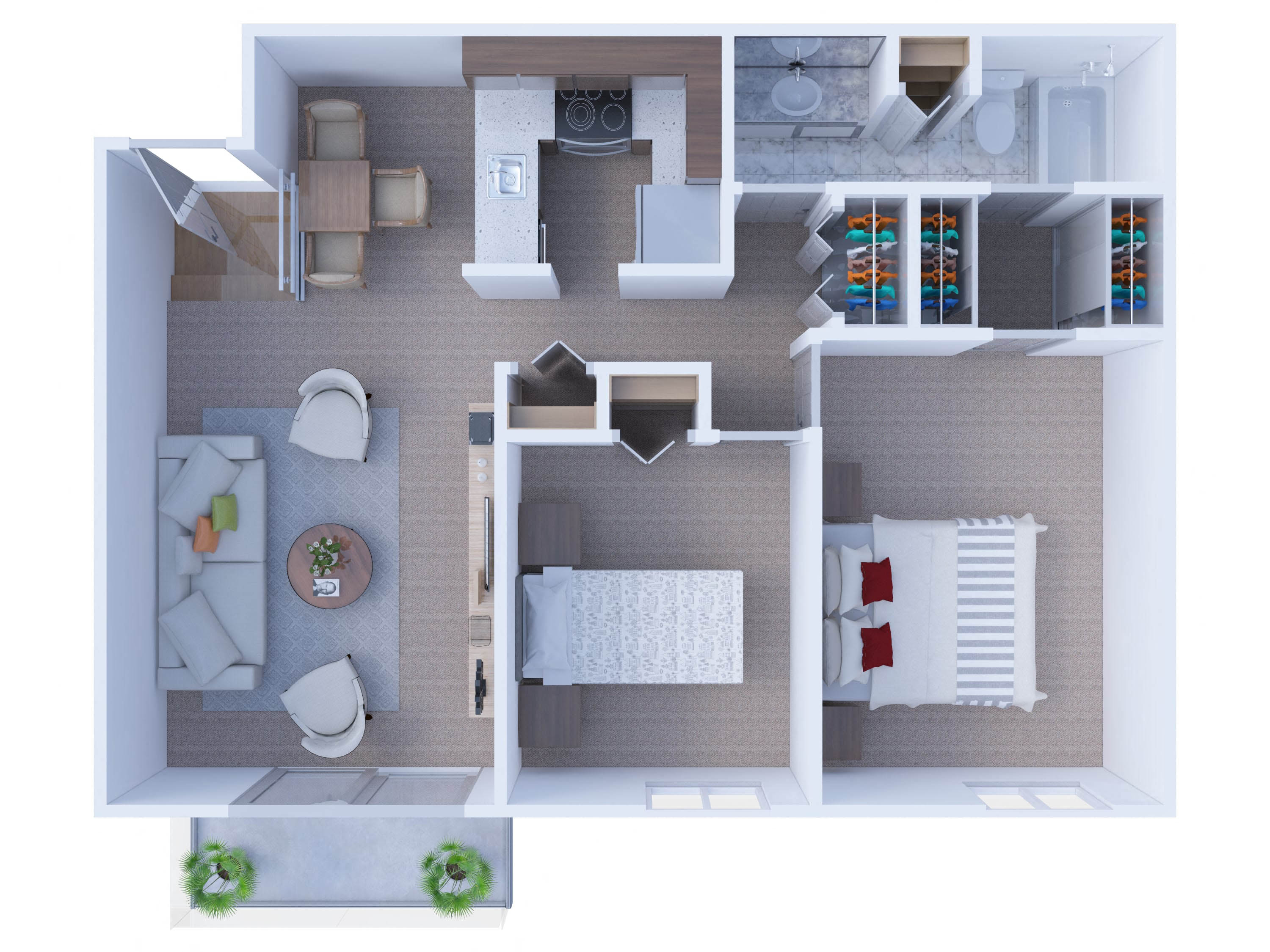 Floor plan for 2 beds, 1 bath, 886 sqft